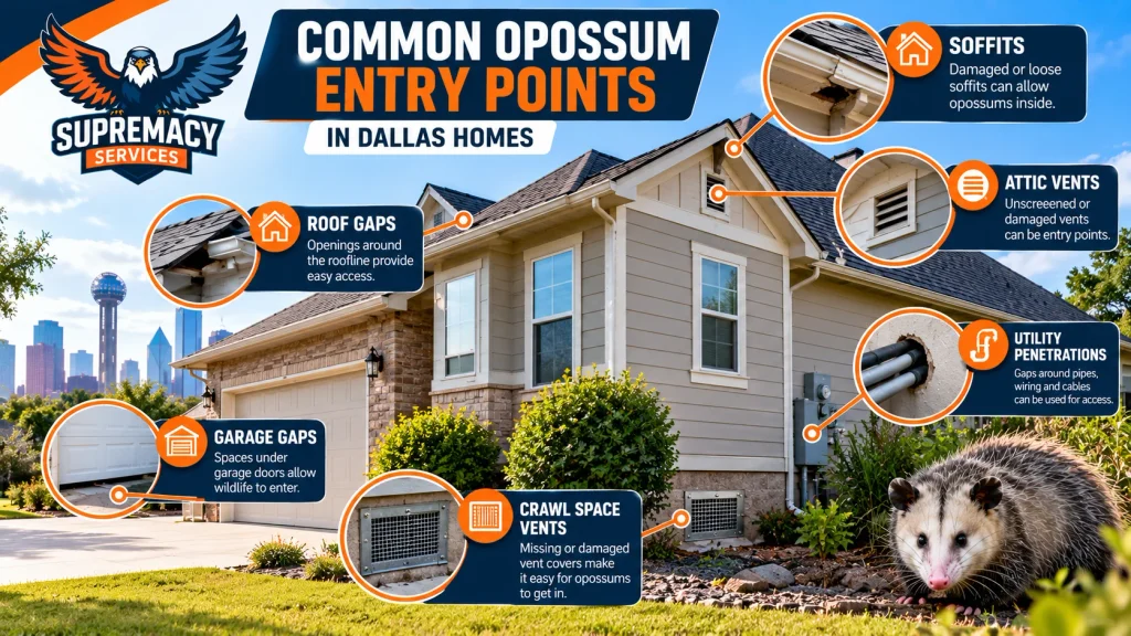 Dallas home showing possible opossum entry areas including roof gaps, soffits, attic vents, garage gaps, crawl-space vents and utility openings