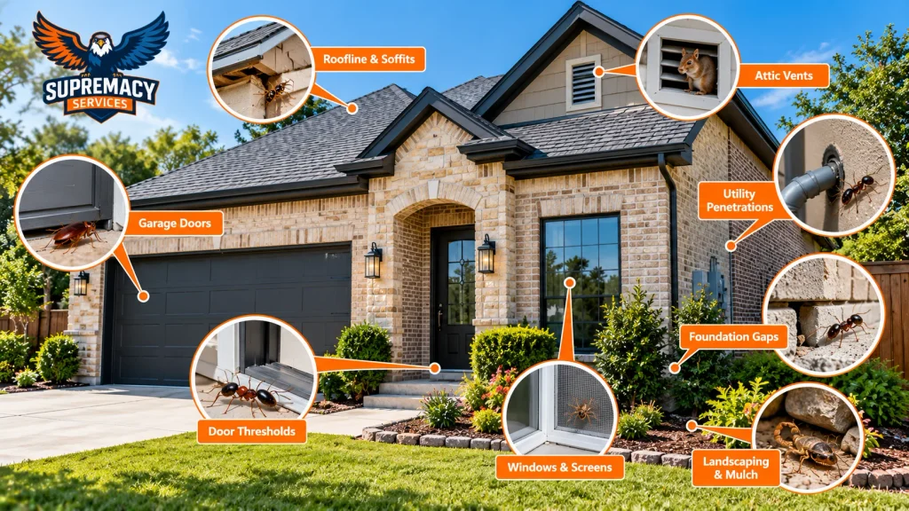 Common pest entry points around a home including rooflines, vents, utility openings, foundation gaps, doors and windows