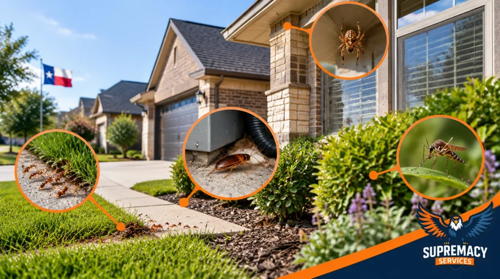 Pest entry points around doors, foundation cracks, utility openings and eaves of a Texas home