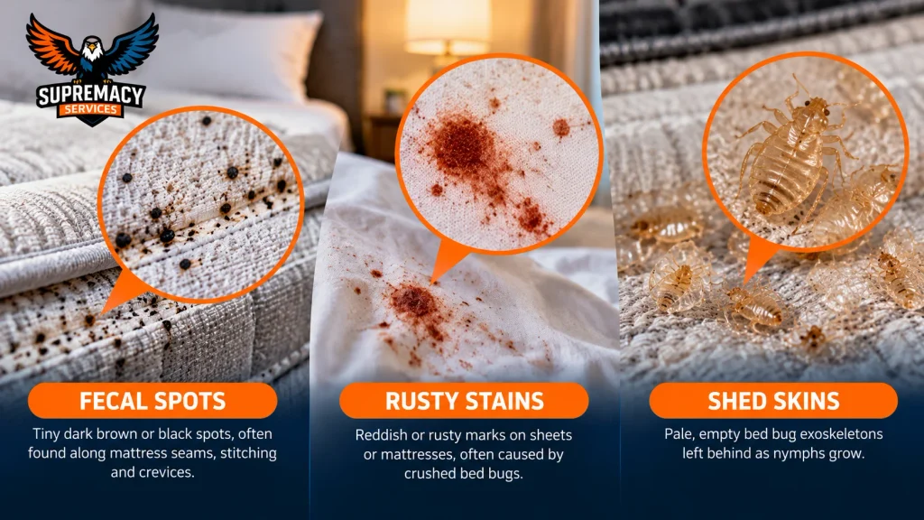 Close-up comparison of bed bug fecal spots, rusty stains and shed skins on bedding and mattress fabric.