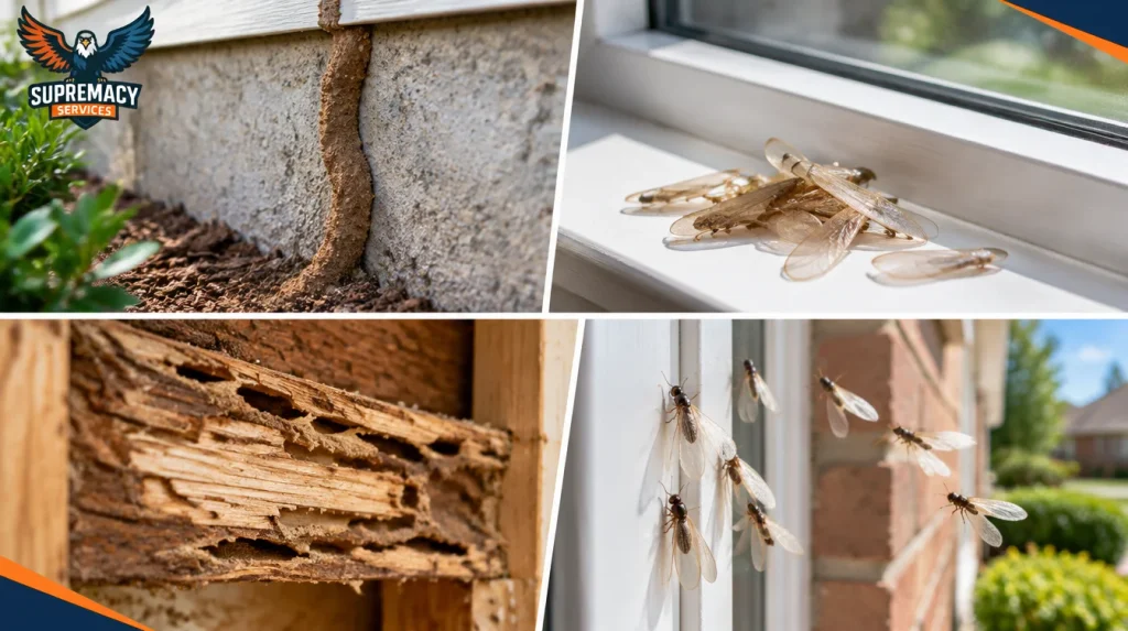 Termite mud tubes, discarded wings, damaged wood and termite swarmers