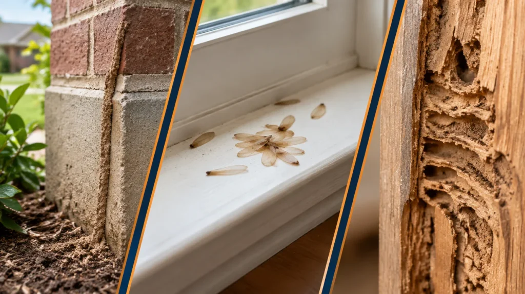 Termite mud tubes, discarded swarmer wings and termite-damaged wood in a North Texas home