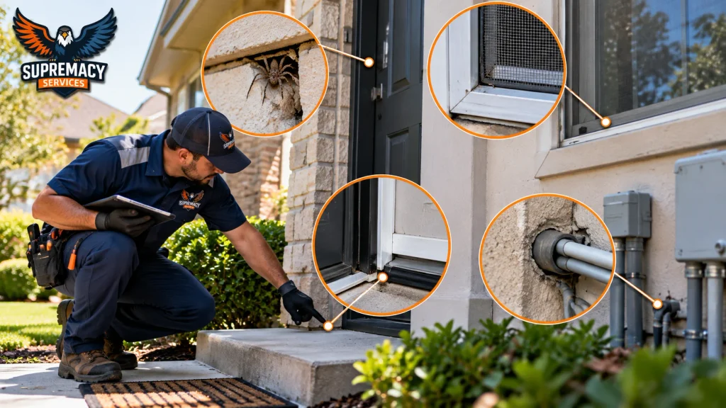 Supremacy Services technician inspecting gaps around a door, window and utility entry points