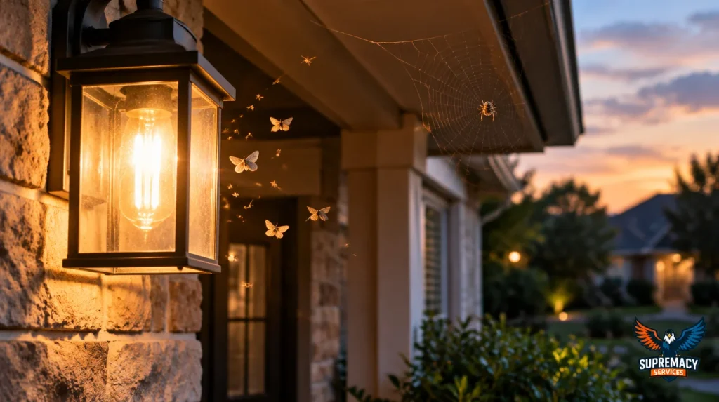 Spider webs around eaves and exterior corners of a North Texas house