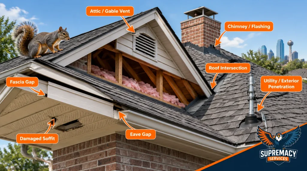 Common squirrel attic entry points around the roof of a Dallas home