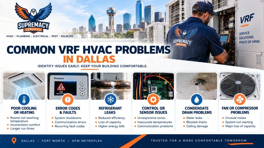 Common VRF system problems including poor cooling, error codes, refrigerant leaks, control faults and drain issues