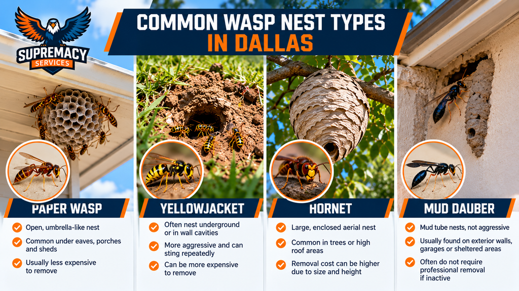 Comparison of paper wasp, yellowjacket, hornet and mud dauber nests found around Dallas homes