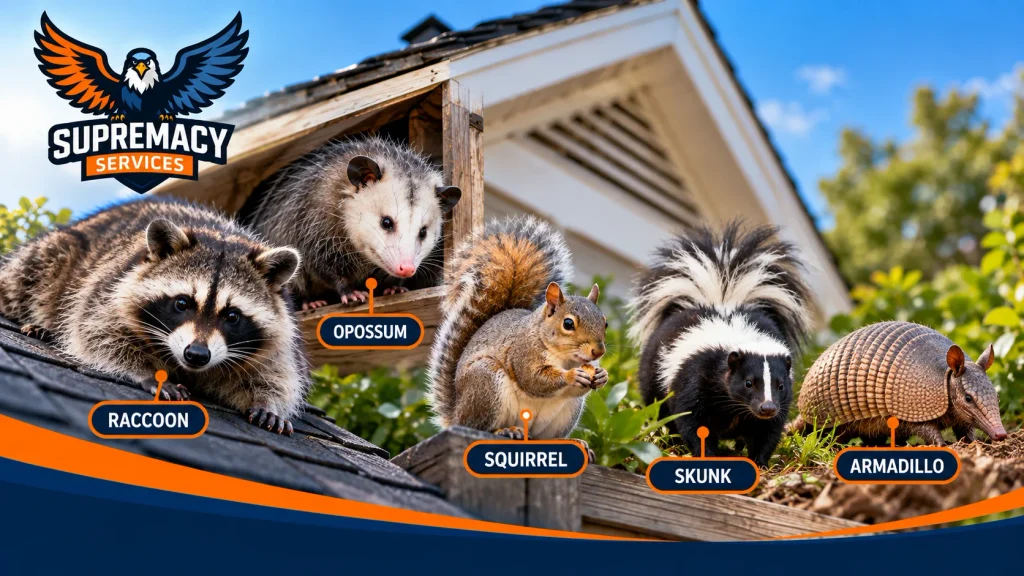 Raccoon, opossum, squirrel, skunk and armadillo associated with residential wildlife problems in Dallas.