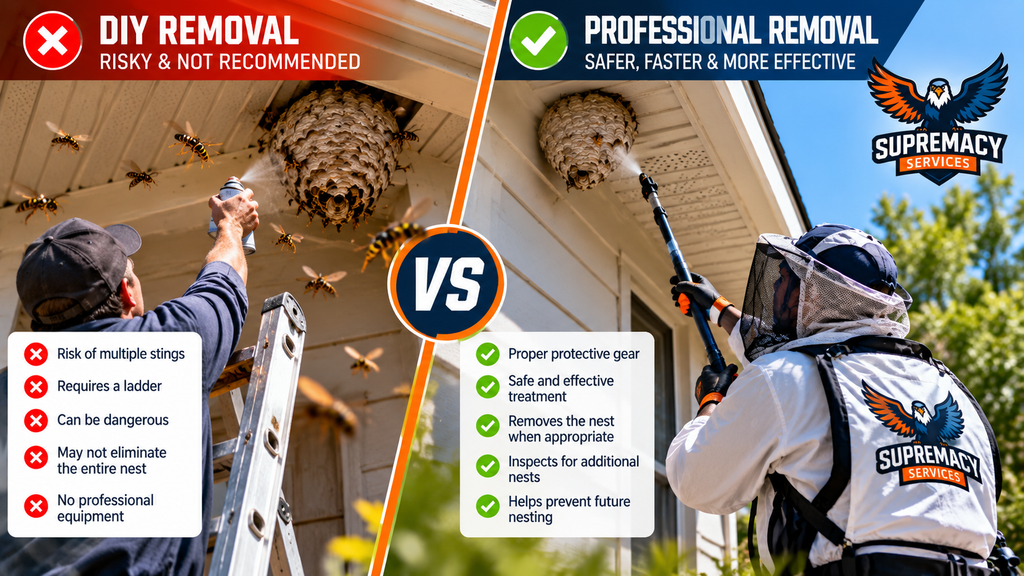 Comparison of homeowner DIY wasp removal from a ladder and a protected pest control technician treating a nest