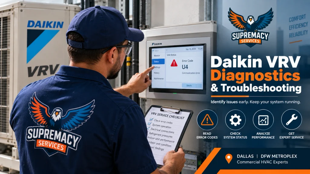 Supremacy Services technician reviewing a Daikin VRV controller error code during system diagnostics.