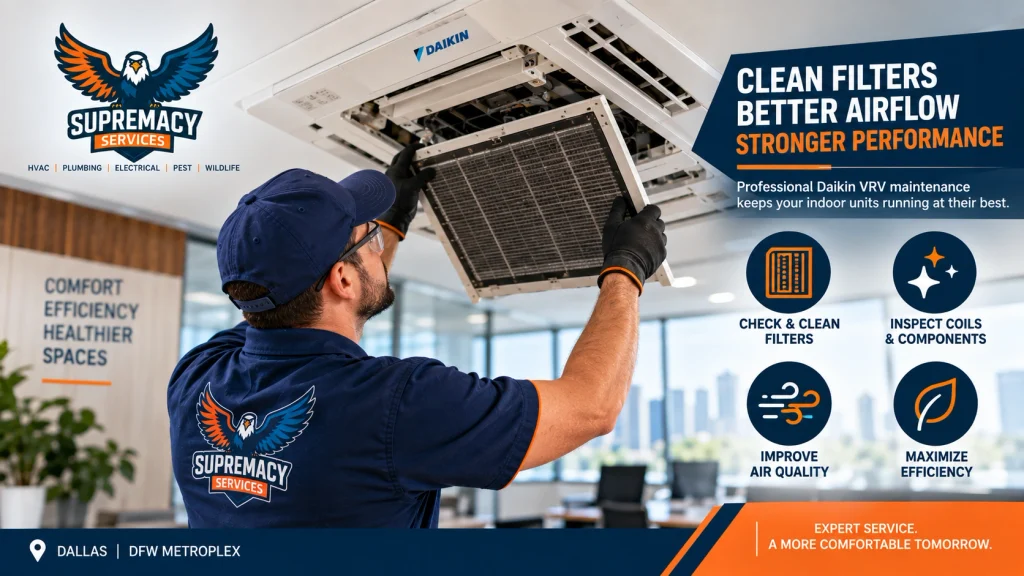 HVAC technician inspecting and cleaning the filter and coil of a Daikin VRV ceiling cassette indoor unit.