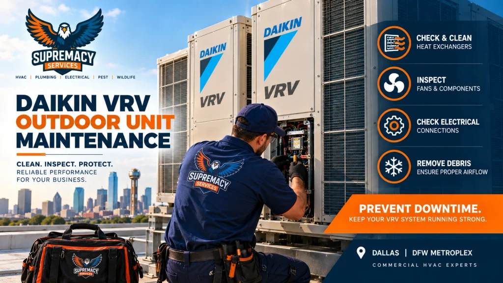 Supremacy Services technician inspecting commercial Daikin VRV outdoor units and electrical components on a Dallas rooftop.
