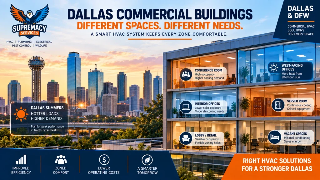 Dallas commercial building showing different cooling demands for offices, conference rooms, server rooms and vacant spaces