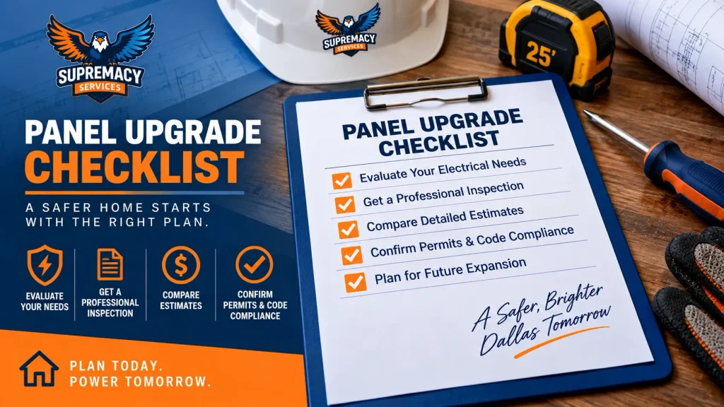 Electrical panel upgrade checklist for Dallas homeowners covering inspection, estimates, permits, code requirements and future electrical needs.