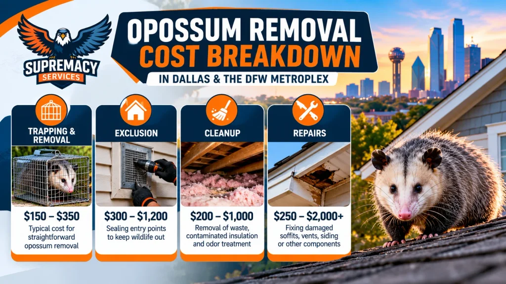 Infographic showing trapping, exclusion, cleanup and repair components that can affect opossum removal costs in Dallas