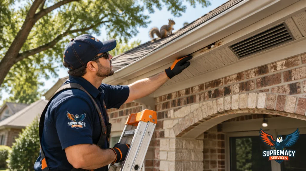 Wildlife technician inspecting Dallas home roof for squirrel attic entry points