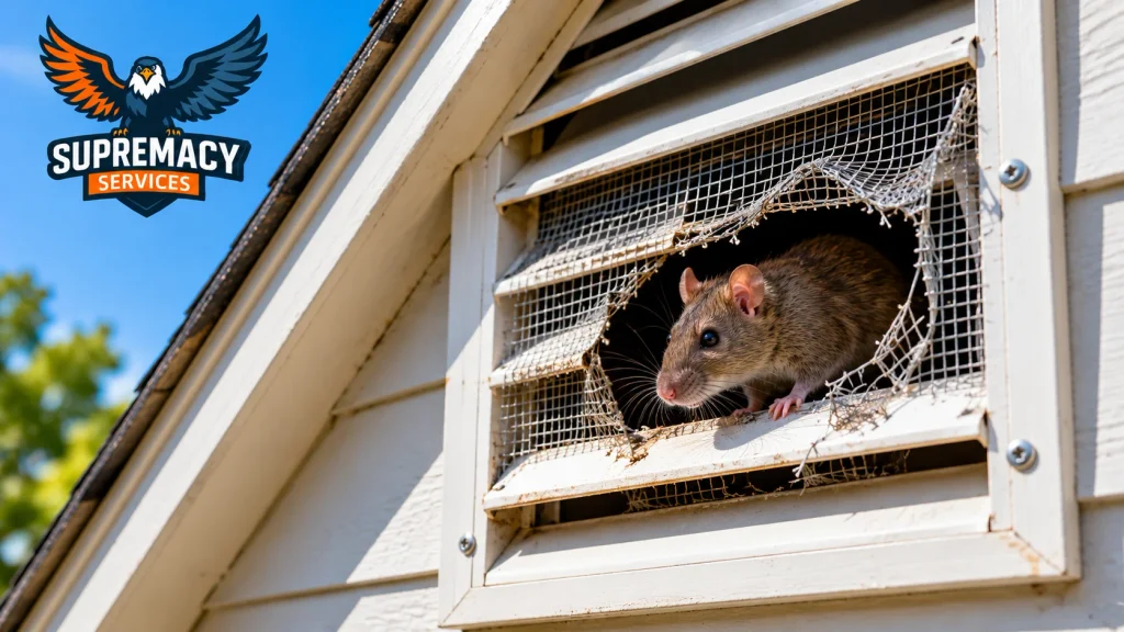 Rat emerging through damaged screening on an attic vent of a residential home.