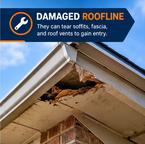 Damaged roofline showing a potential raccoon entry point on a Dallas home