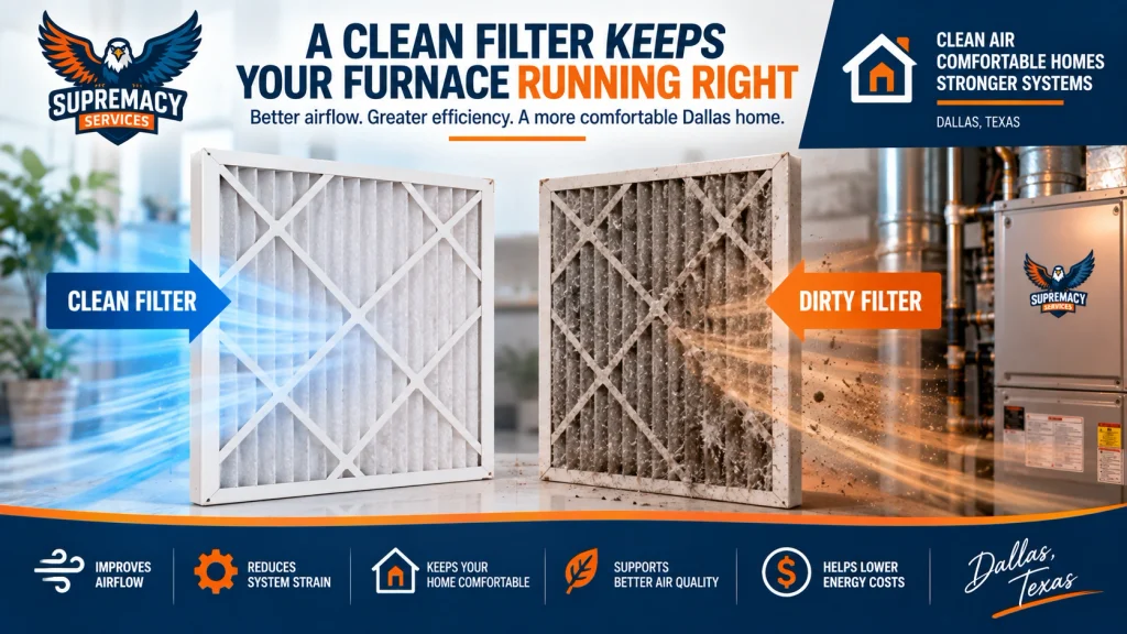 Clean furnace filter compared with a dirty clogged filter restricting HVAC airflow