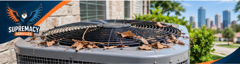 Dallas outdoor AC condenser blocked by leaves and debris reducing cooling performance