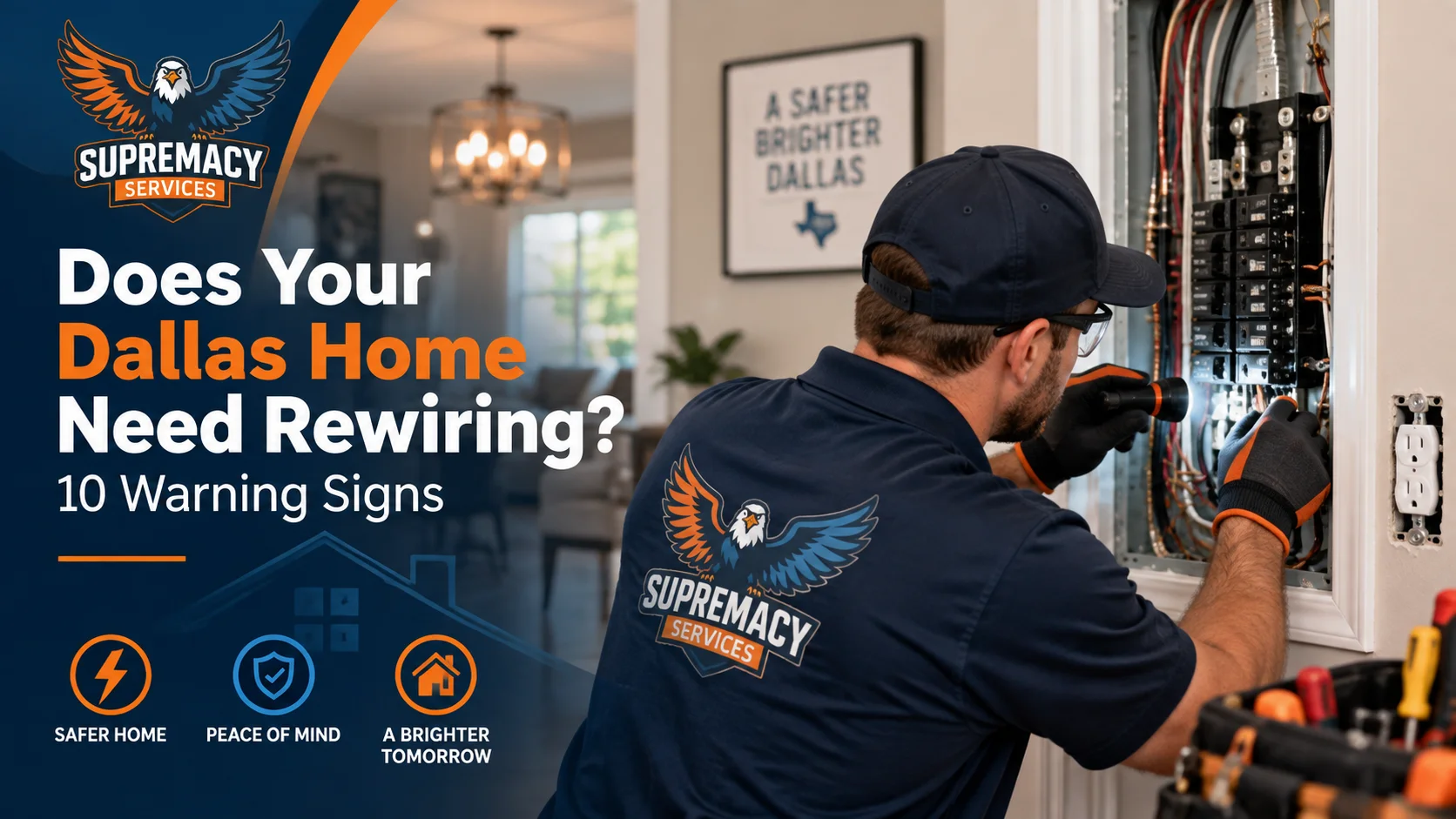 Electrician inspecting an electrical panel for warning signs a Dallas home may need rewiring