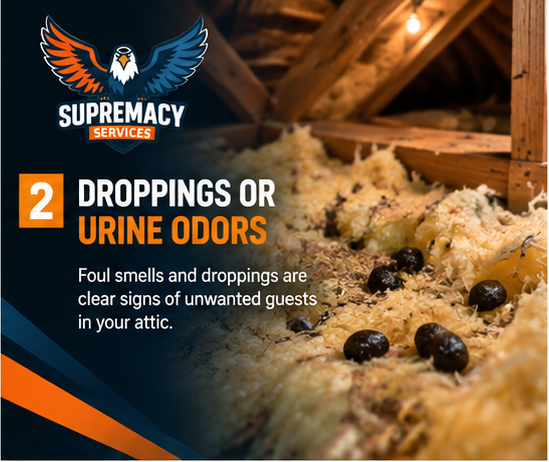 Wildlife droppings and soiled attic insulation indicating possible animal activity