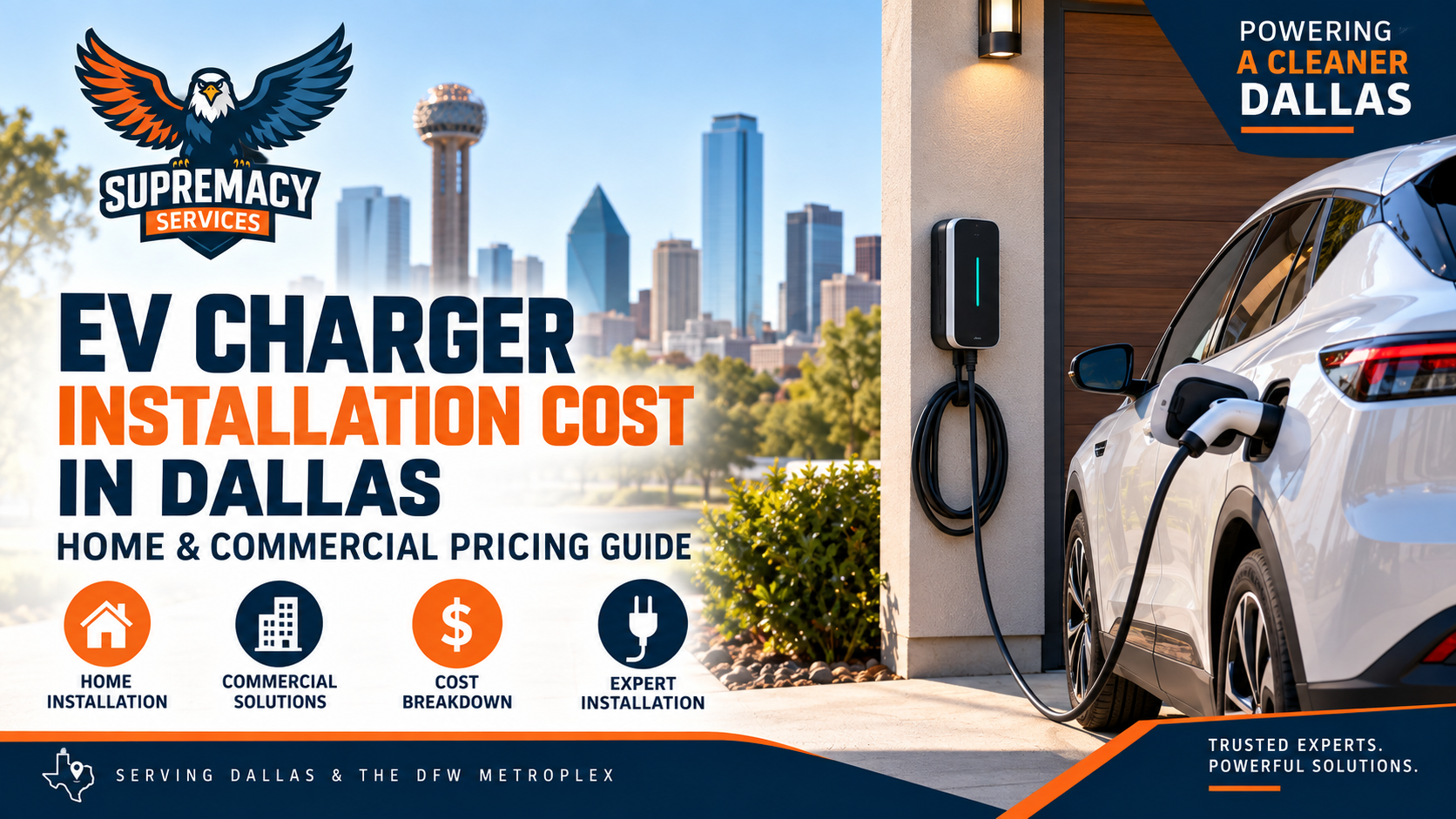Electric vehicle connected to a Level 2 home charger in Dallas with Supremacy Services branding