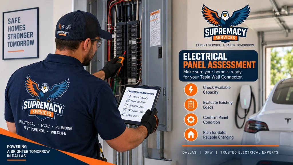Electrician assessing an electrical panel before installing a Tesla home charger in Dallas