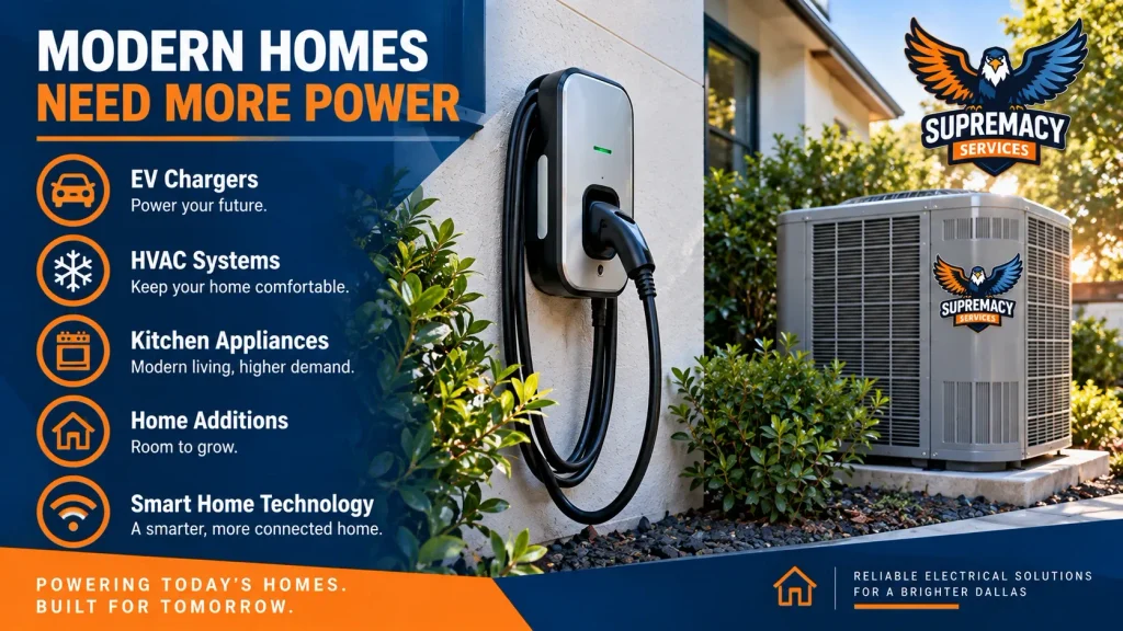 Modern Dallas home electrical demands including EV chargers, HVAC systems, kitchen appliances and smart home technology.
