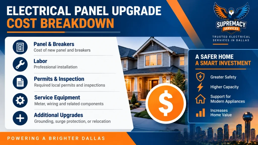 Electrical panel upgrade cost Dallas breakdown showing panel, breakers, labor, permits, inspections and service equipment.