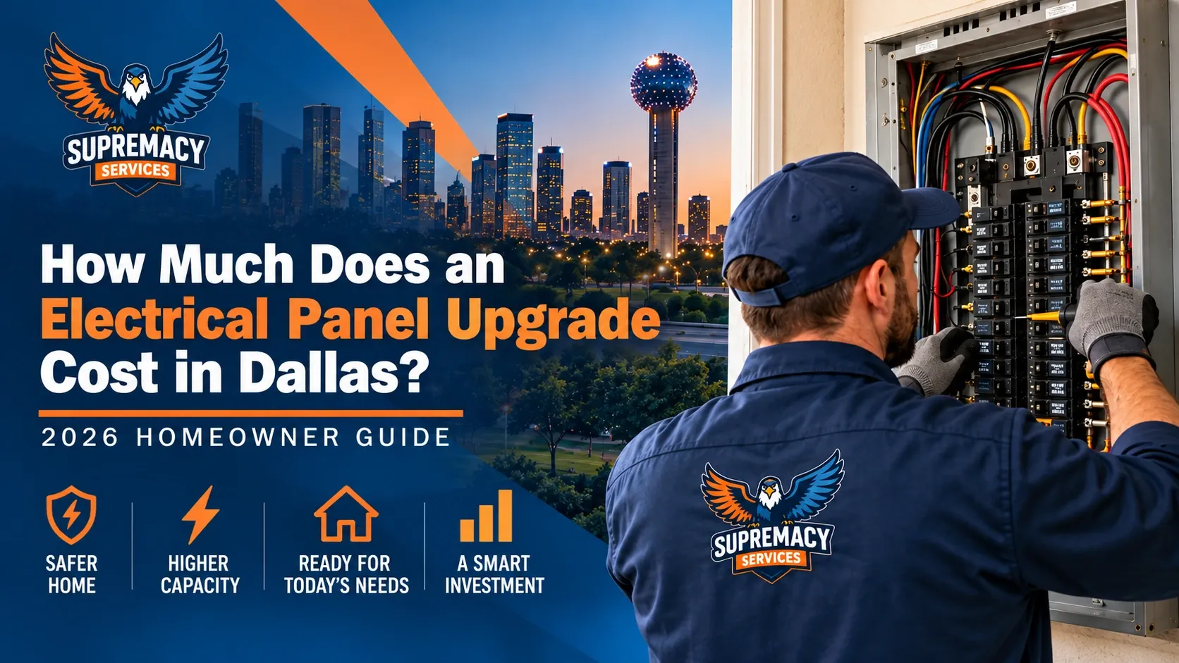 Electrical panel upgrade cost Dallas 2026 guide showing a Supremacy Services electrician inspecting a residential breaker panel.