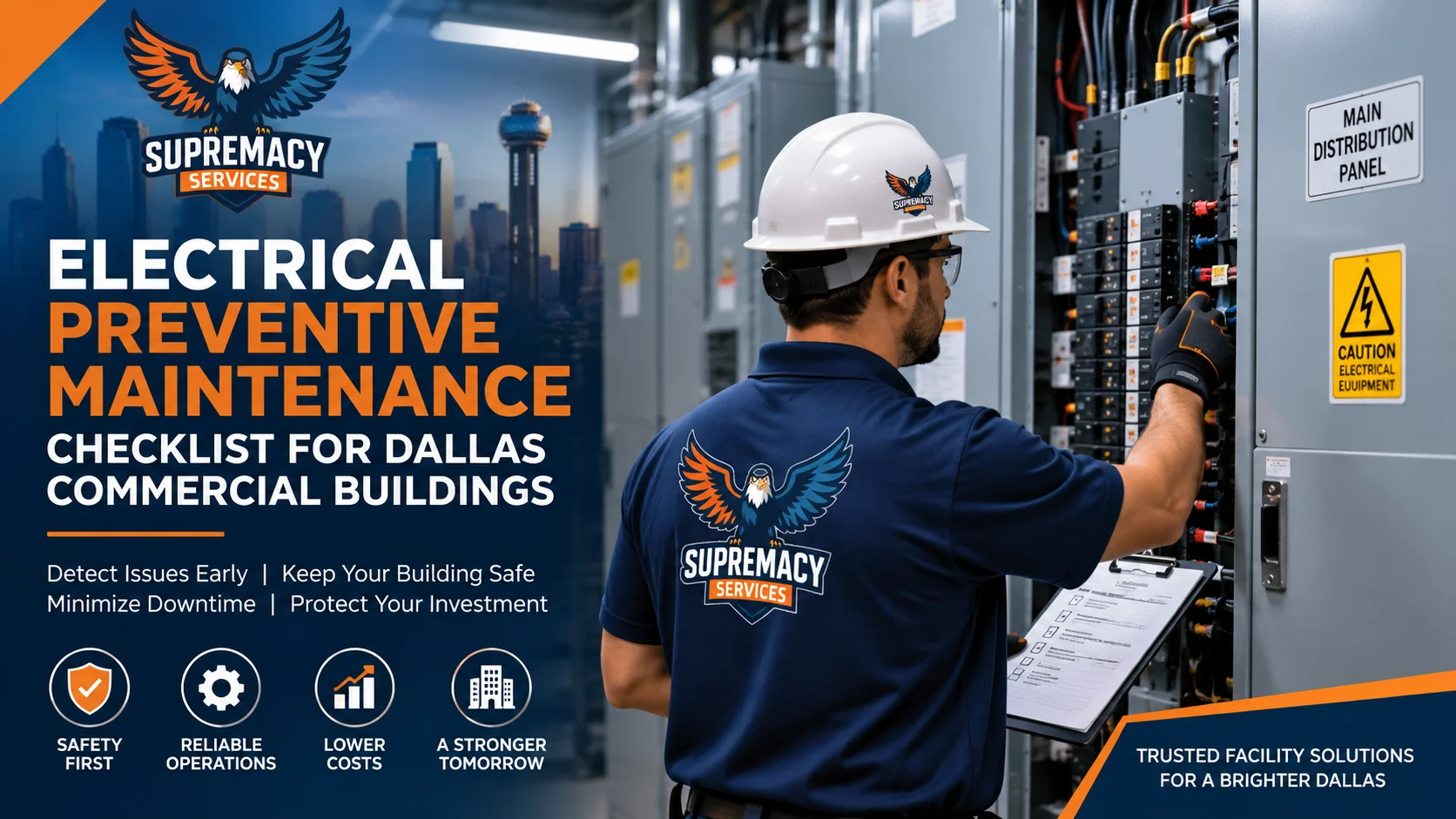 Commercial electrician inspecting an electrical distribution panel during preventive maintenance in a Dallas commercial building