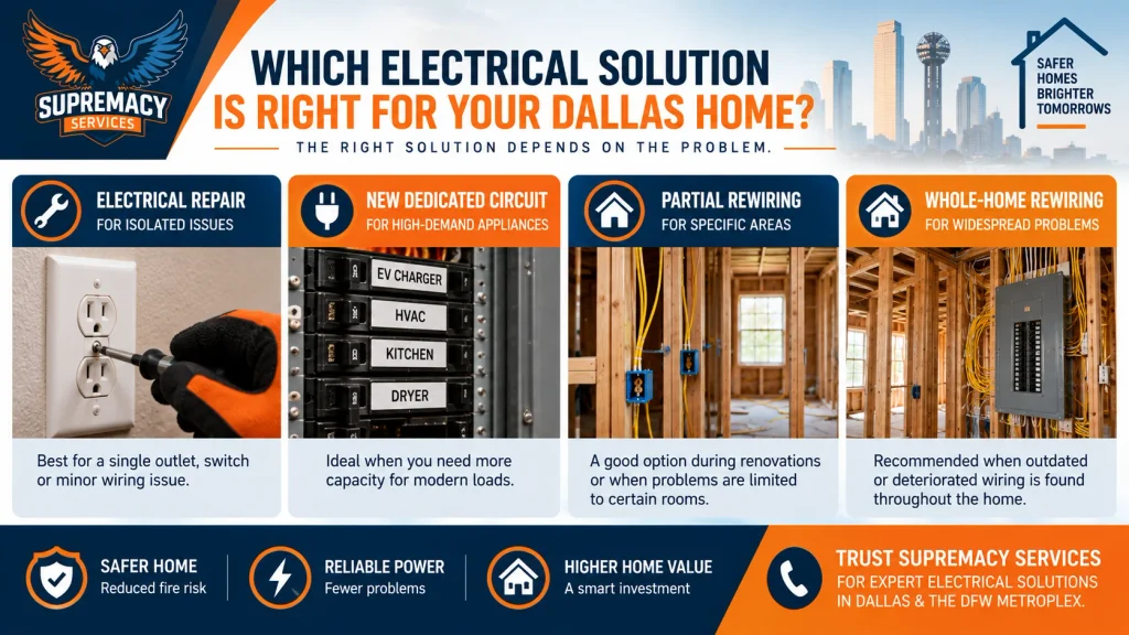 Comparison of electrical repair, dedicated circuits, partial rewiring and whole-home rewiring options