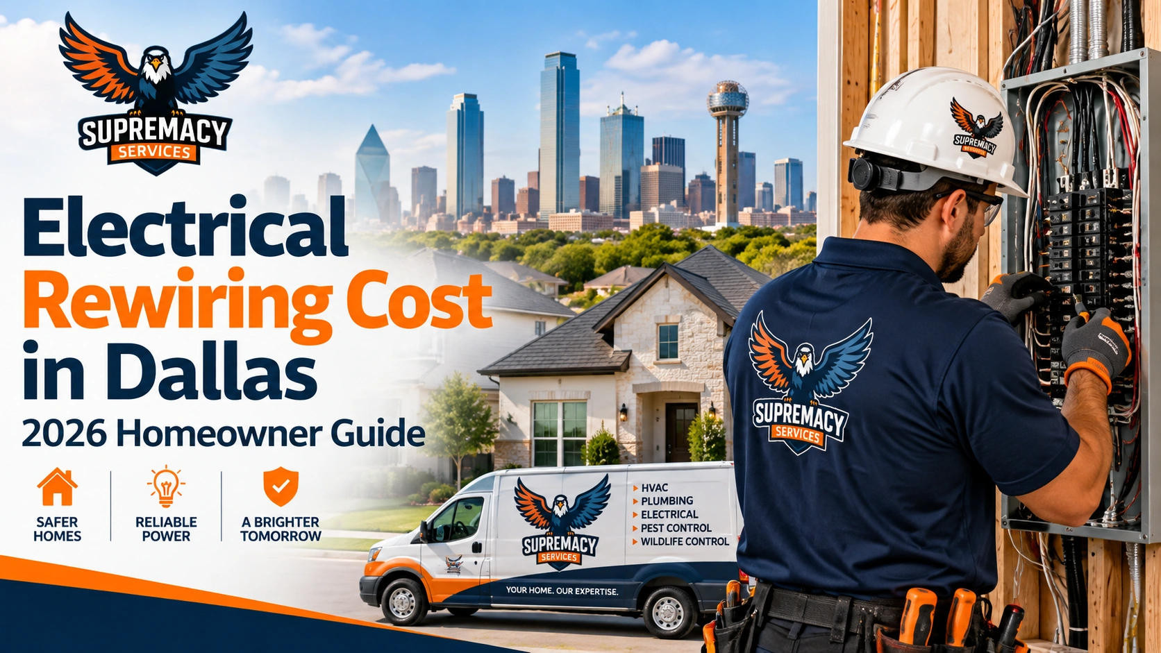 Supremacy Services electrician inspecting a residential electrical panel during a Dallas home rewiring project