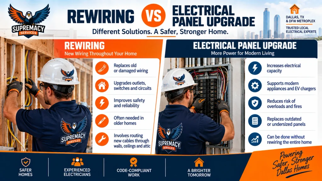 Supremacy Services electricians comparing whole-home electrical rewiring with a residential electrical panel upgrade