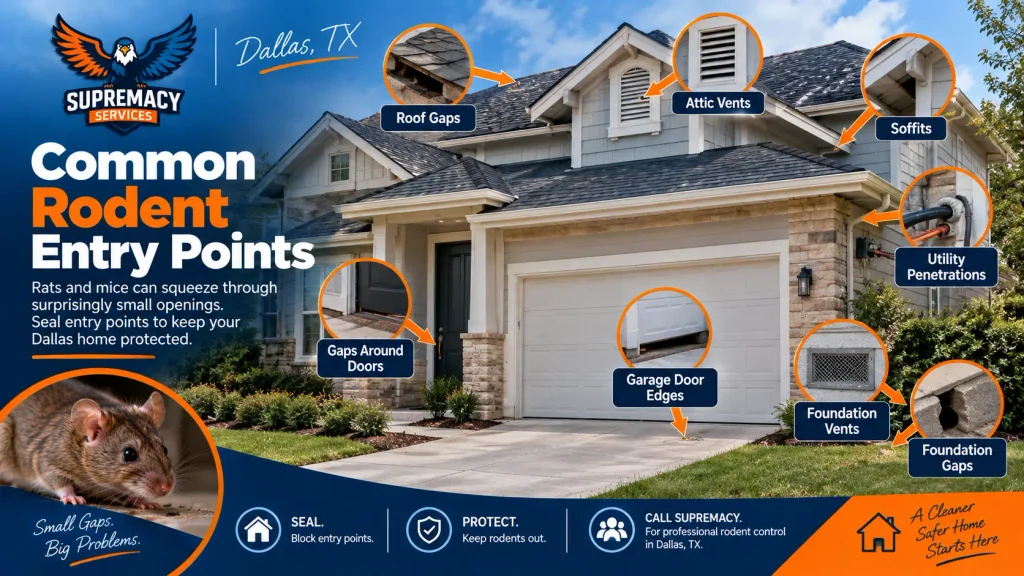 Common rodent entry points in a Dallas home, including roof gaps, attic vents, soffits, utility openings, garage doors and foundation gaps.