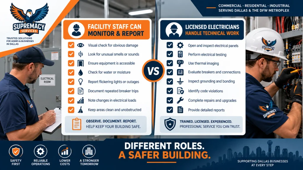 Comparison of facility staff visual electrical checks and technical maintenance performed by licensed electricians