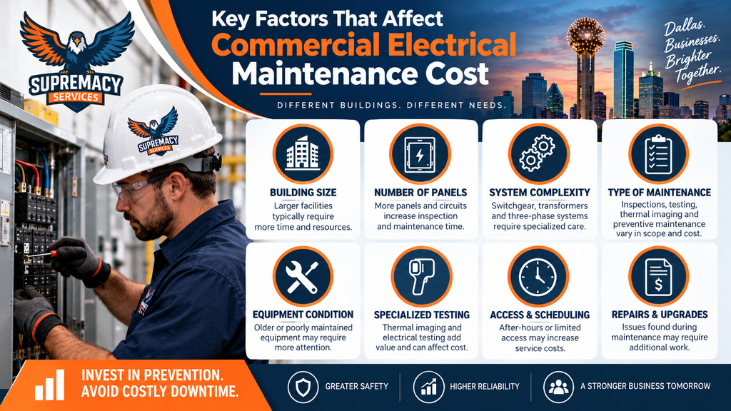 Infographic showing factors that affect commercial electrical maintenance costs, including building size, panels, testing and repairs