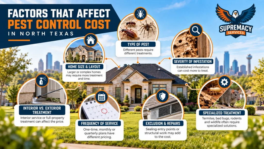 Infographic showing pest type, home size, infestation severity, service frequency and other factors affecting pest-control pricing
