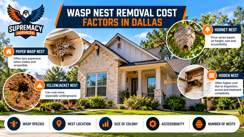 Infographic showing how wasp species, nest location, colony size, accessibility and number of nests affect removal cost