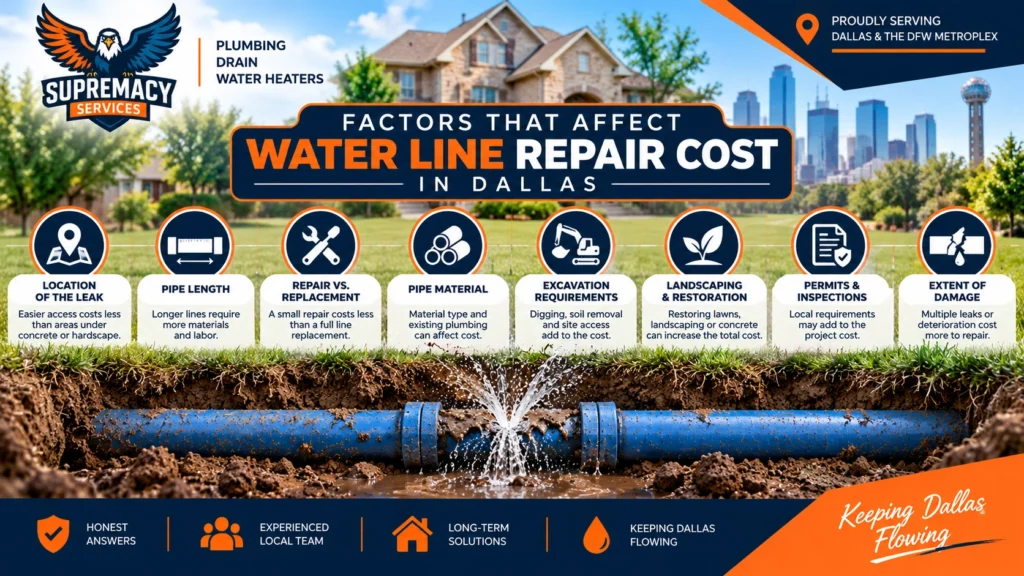 Factors affecting water line repair cost in Dallas, including leak location, pipe length, excavation and replacement