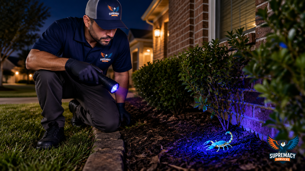 Scorpion glowing under ultraviolet light during a nighttime home inspection