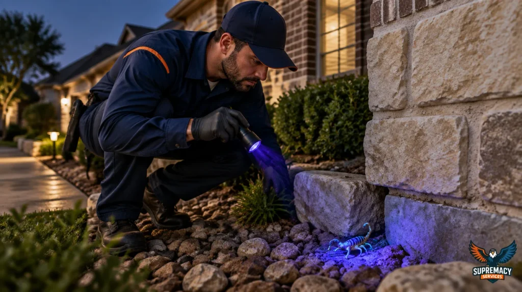 Pest control technician using a UV blacklight to inspect for scorpions outside a North Texas home