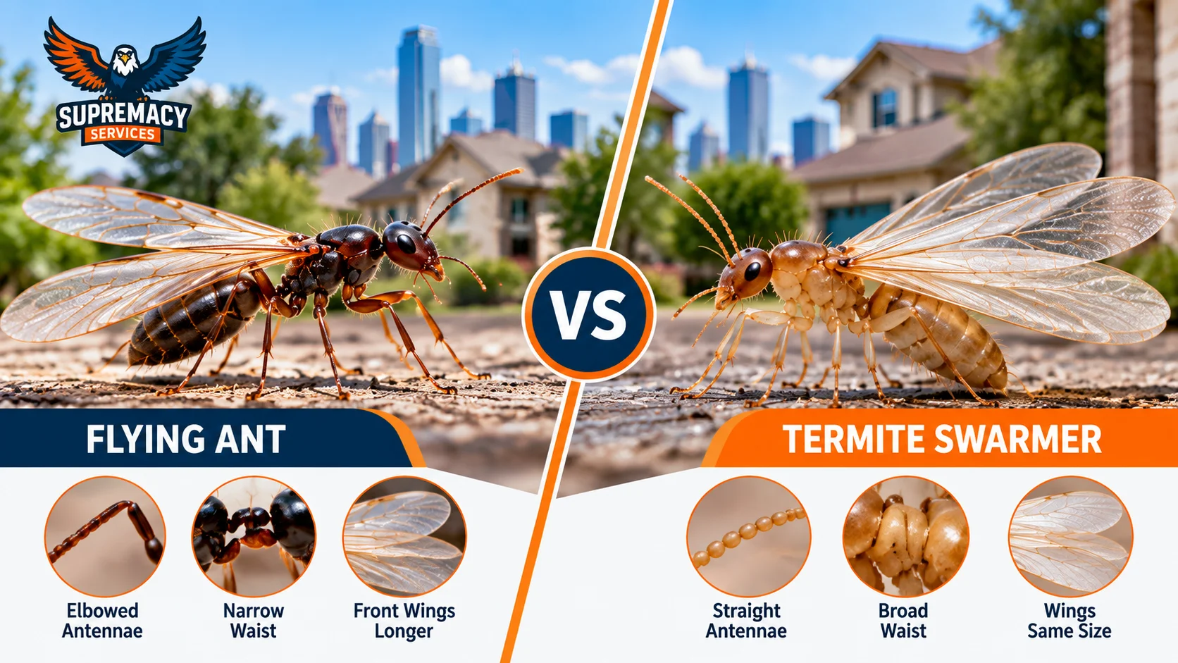 Side-by-side comparison of a flying ant and termite swarmer showing differences in wings, antennae and body shape