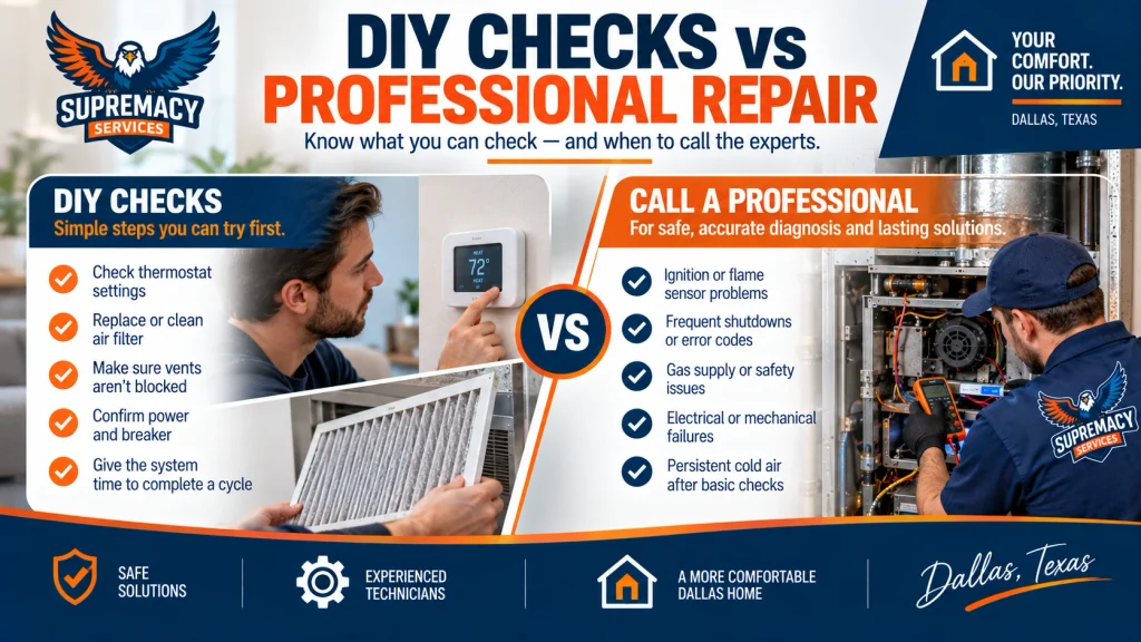DIY furnace checks compared with professional furnace repair for persistent cold air and ignition problems