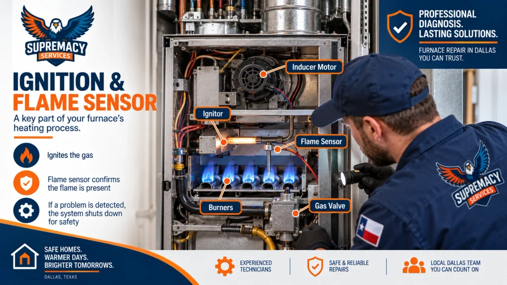 HVAC technician inspecting furnace ignitor, flame sensor, burners and gas valve during furnace diagnosis