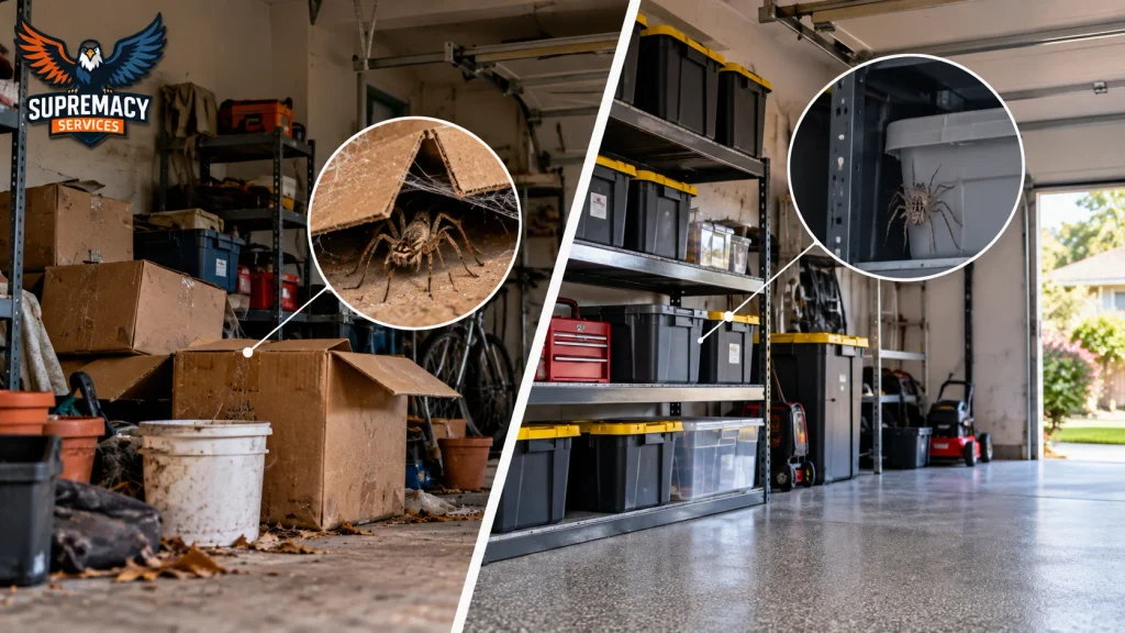 Cluttered and organized garage showing potential spider hiding places