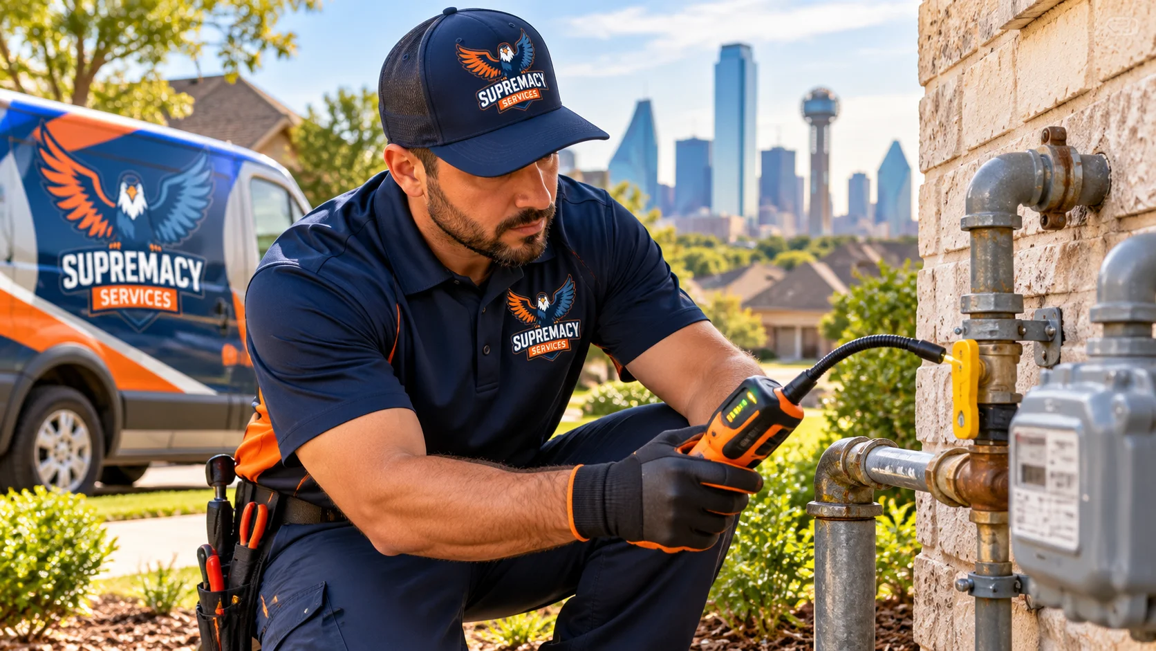 Supremacy Services technician inspecting a residential gas line with leak detection equipment in Dallas
