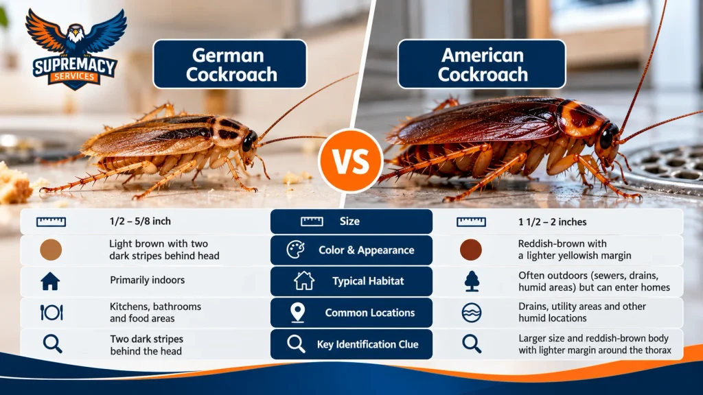 German cockroach compared with American cockroach by size, appearance, habitat and common locations