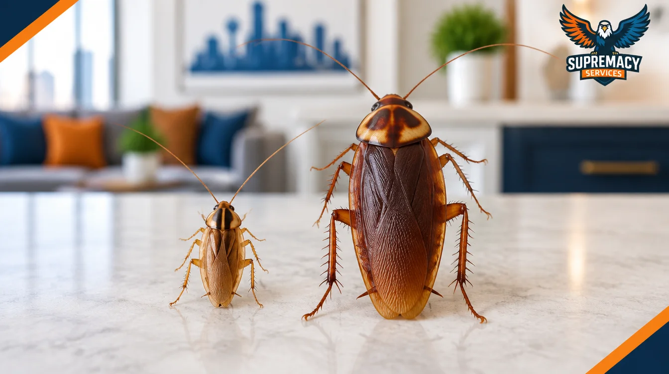 German cockroach and American cockroach side by side showing differences in size, color and markings